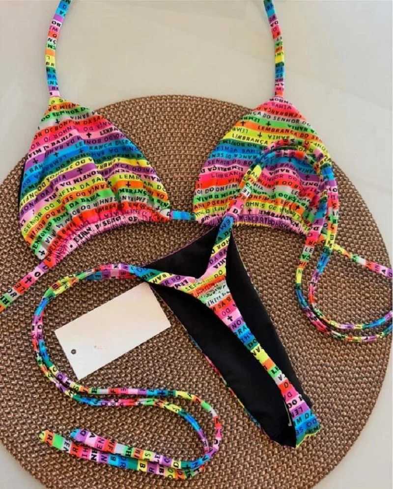 RUOTONSEPT tters Printed Colorful Mini Thong Bikini Women Swimwear Fa Swimsuit Two-pieces Bikini set Bather Bathing SuitXJ241212