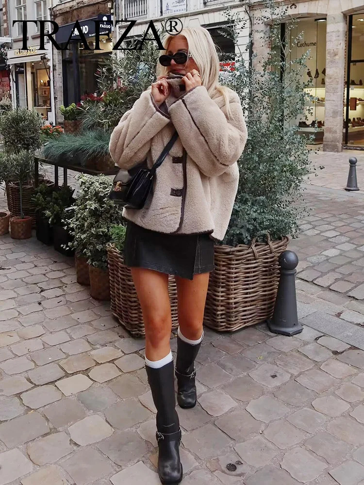 TRAFZA 2024 Winter Female Beige Casual Thick Faux Fur Coat Fashion Woman With Buttons Long Sleeve Fleece Jacket Outerwear 241212