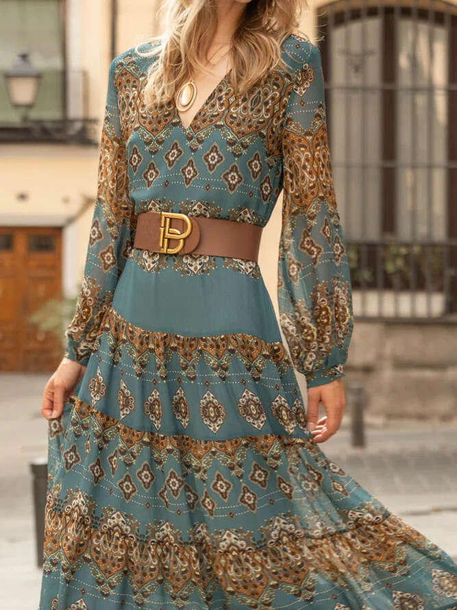 European And American Sleeved V-Neck Waist Cinching Slimming A-E Baroque Printed Dress Elegant Large Swing Long Skirt With Belt Fashionable Quality Cl