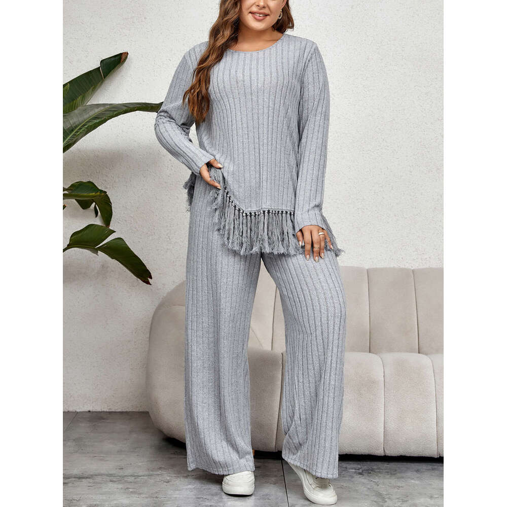 Ladies Suits Plus Size Women Two Piece Outfit Fall Casual O-Neck Long Sleeve Tassel Hem Tops With Wide Leg Pants Sets