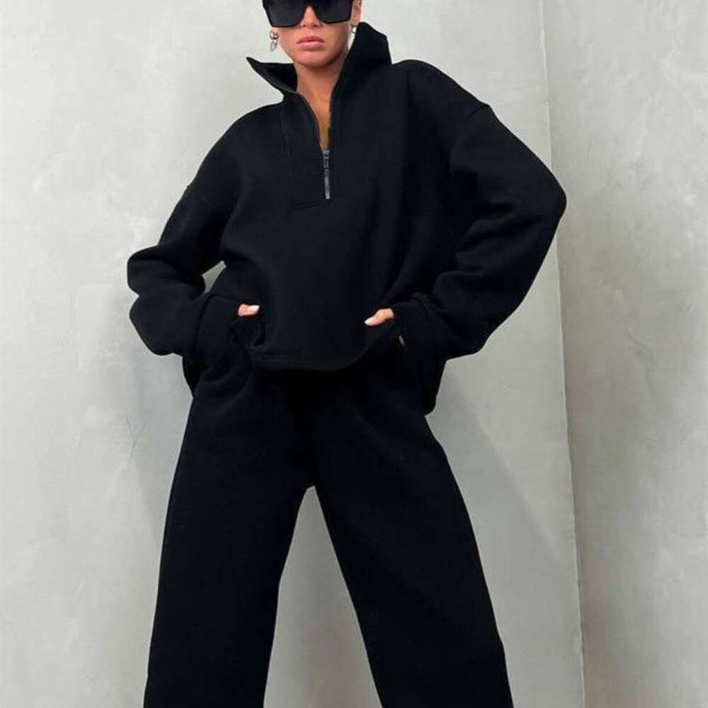 Spring Autumn New Women's Long Sleeved Stand Up Collar Zipper Sports Suit Two-Piece Set Trendy Clothing Fashionable And Casual Temperament