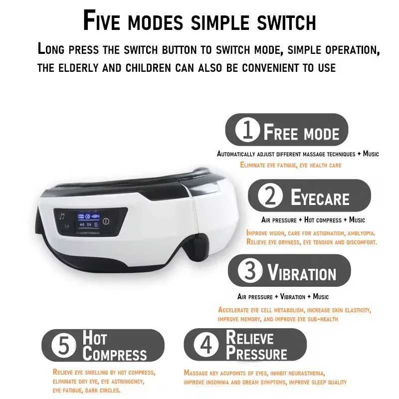 Eye Massager With Heat Smart Vibration Eye Care Compress Bluetooth Eye Massage Relax Migraines Relief ImprBluetooth Music W241213