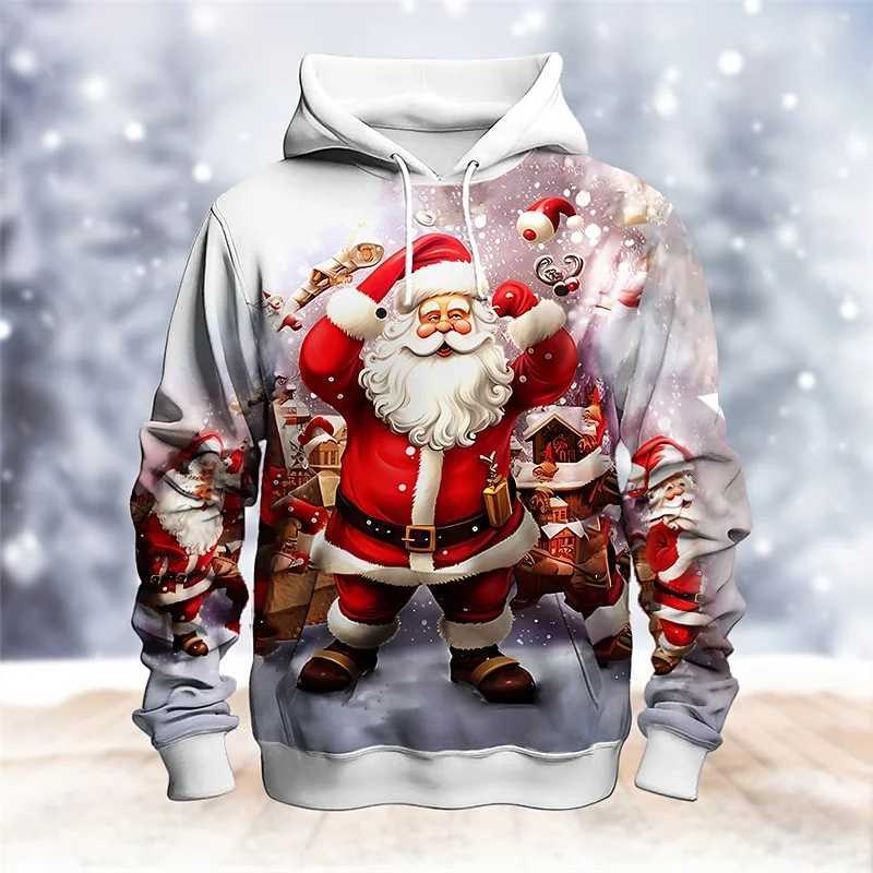 3D printed fun Santa Claus mens hoodie with reindeer pattern Christmas long sleeved casual sports shirt unisex loose hoodie W241213