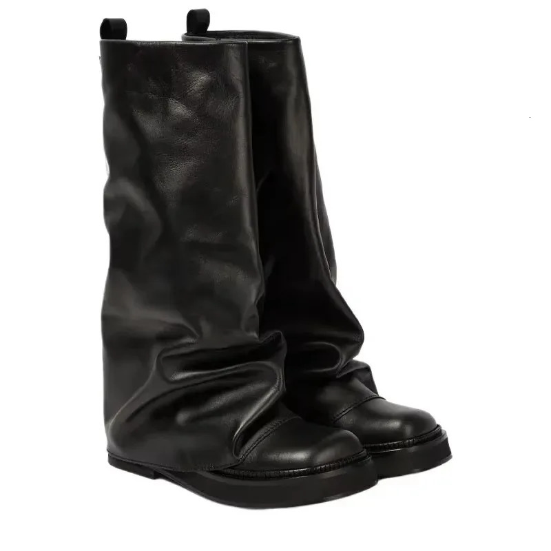 Fashion Autumn And Winter Round hot Head Long Leather shoes Metal Knight Fold Flat Boots Punk Style 241212
