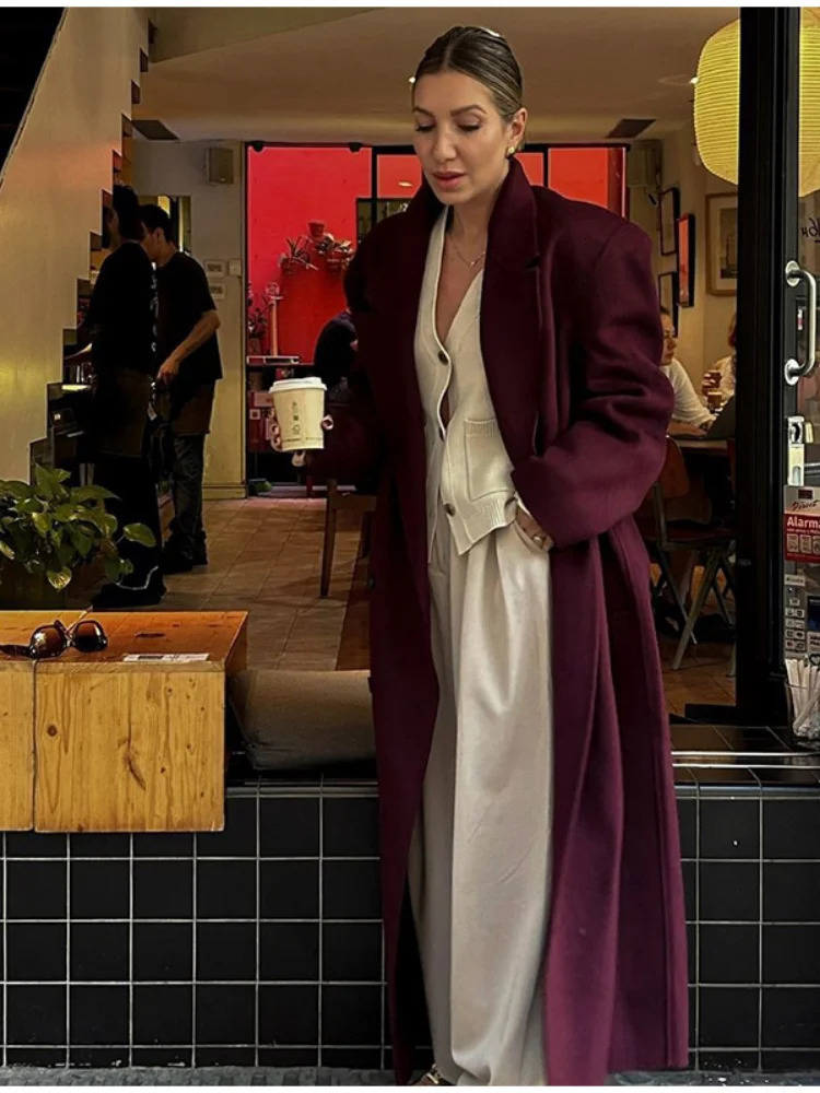 Elegant Burgundy Doublebreasted Woolen Long Coat Women With Pockets Full Sleeves Overcoats Autumn Lady High Street Outwear 241213