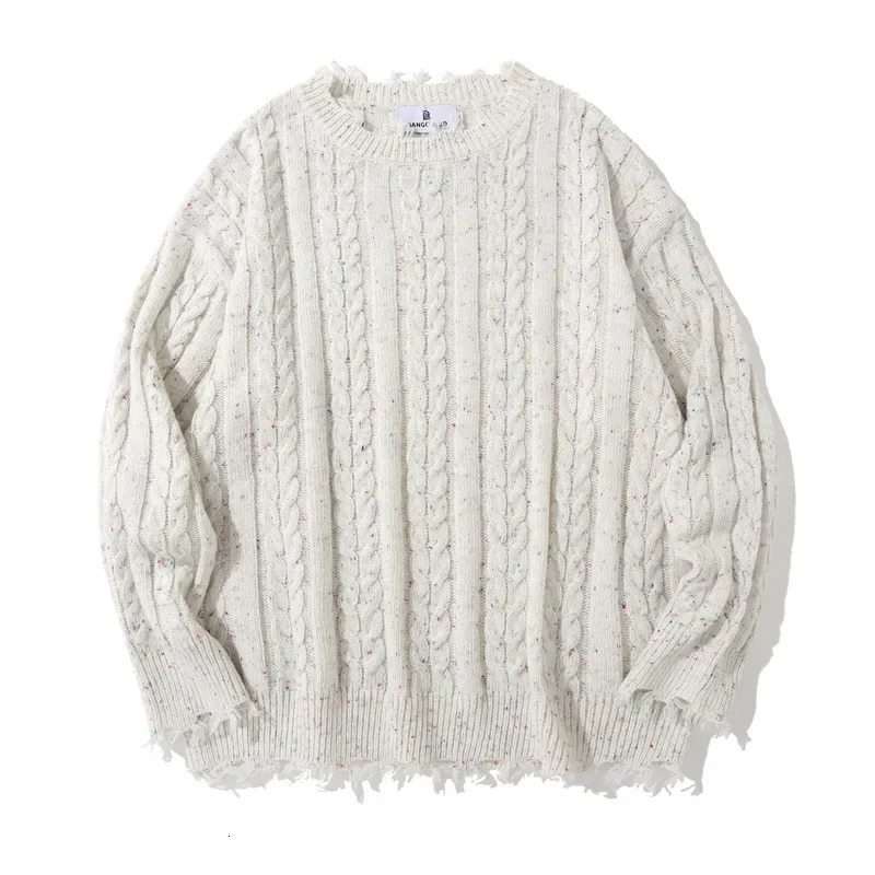 Trendy Vintage LooseFit Fringe Sweater Mens Casual Crew Neck Knitted Top Street Style Couple Cable Knit 241213