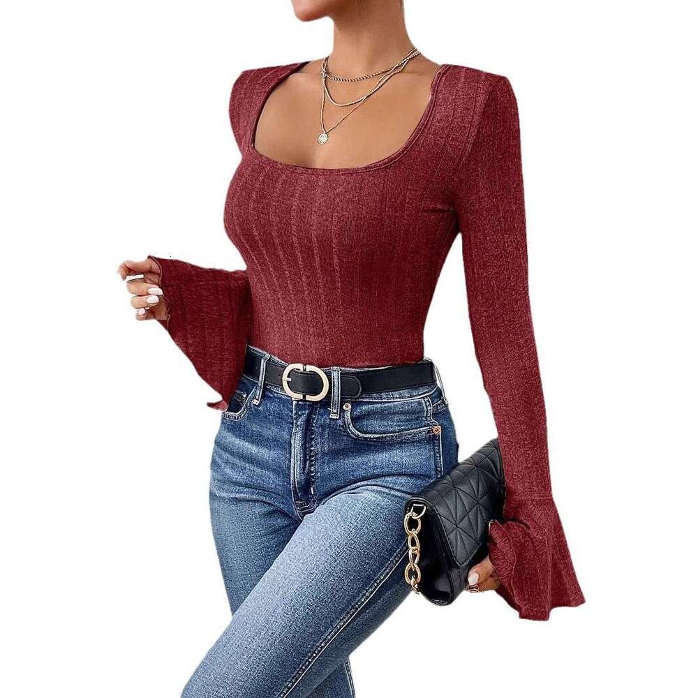 European American style 2024 autumn/winter French square collar with a stylish and slim fit top, flared long sleeved T-shirt for women