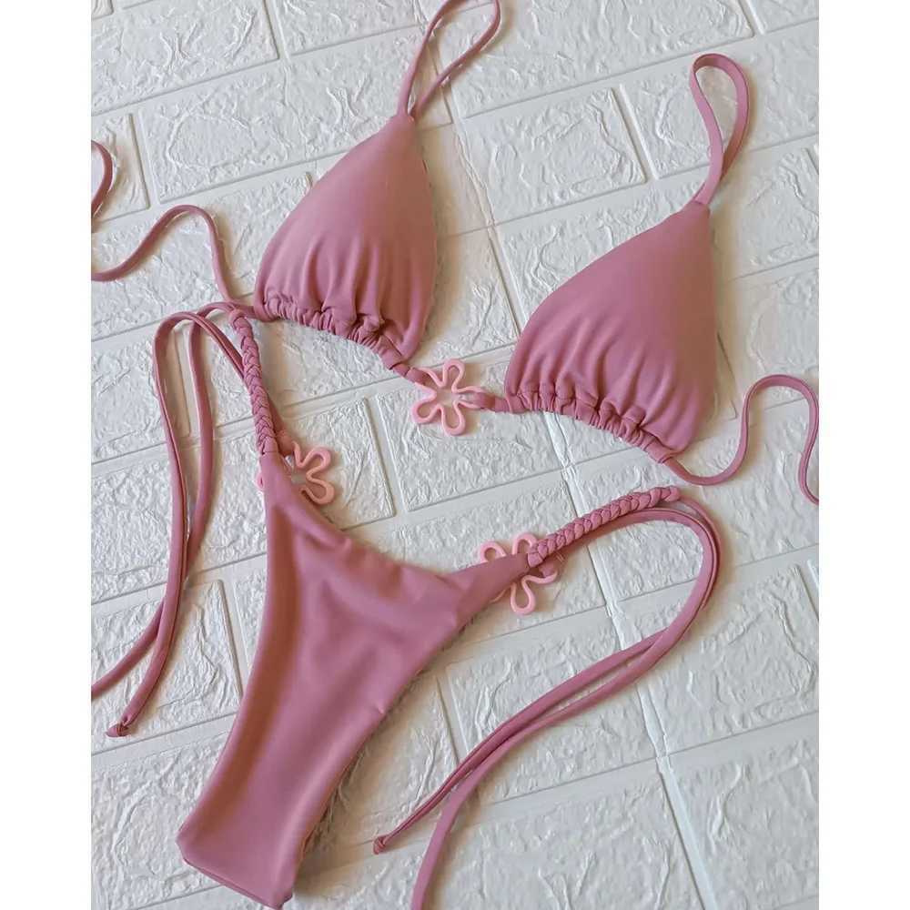 2024 Halter Bikinis Women Swimsuit New Sexy Swimwear Floral Brazilian Bikini Set Micro Biquini Fa Cute Solid BeachwearXJ241212