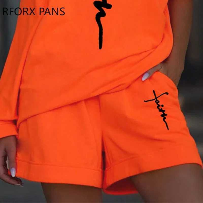 Women's Two Piece Pants Women Chic Thr Quarter Slves Letter Pattern Skew Collar Mini Casual Straight Short Sets Y241213PQN3