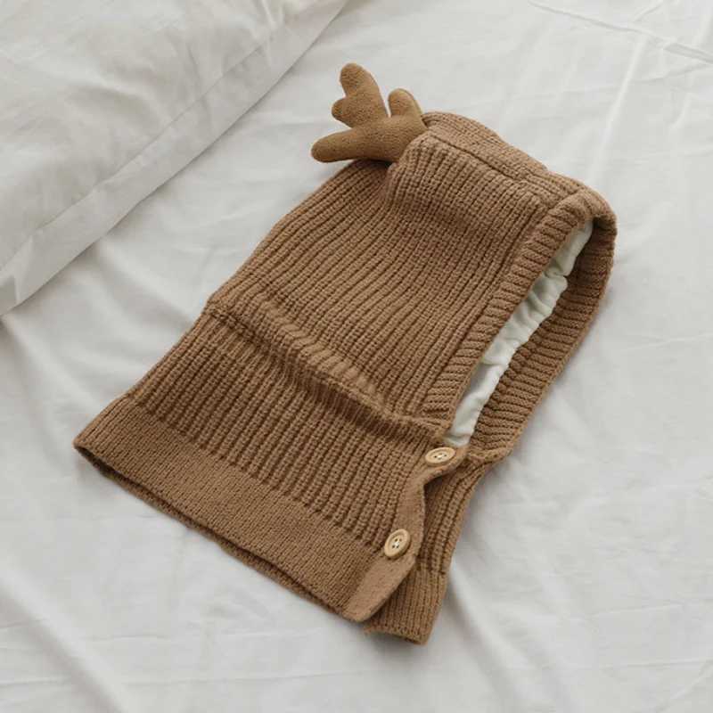 Deer Design Baby Hood Beanies One Piece Scarf Cap Winter Warm Knitted Ear Protection Hat Solid Color Infant Headgear BonnetXJ241213