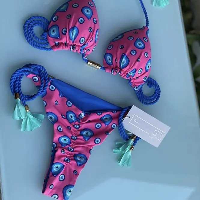 Womens Rope Swimwear Strap Split Bikini Printed Triang SwimsuitXJ241212