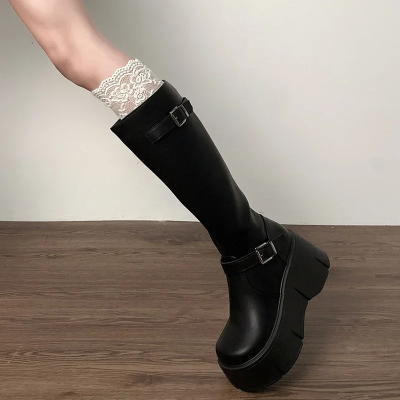 Platform Wedges Heel Women Knee High Boots Fashion Belt Buckle Slip On Long Booties Autumn Winter Female Shoes 241213
