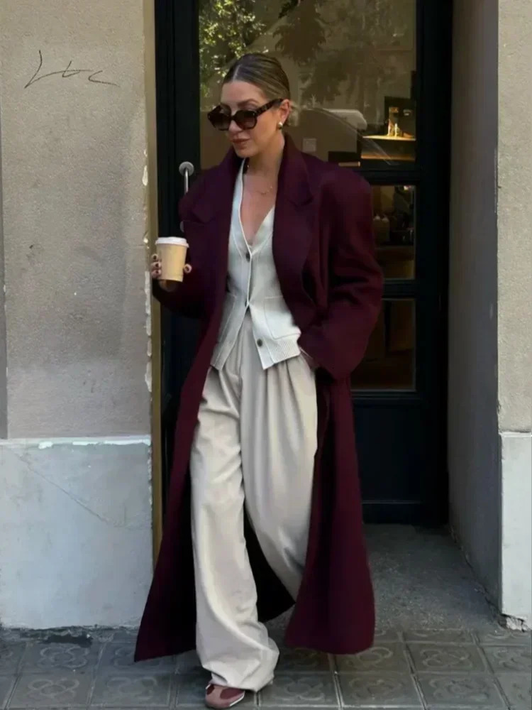 Women Burgundy Red Color Lapel Long Coat Elegant Chic Double Breasted Sleeve Overcoats Autumn Oversize Casual Streetwear 241213