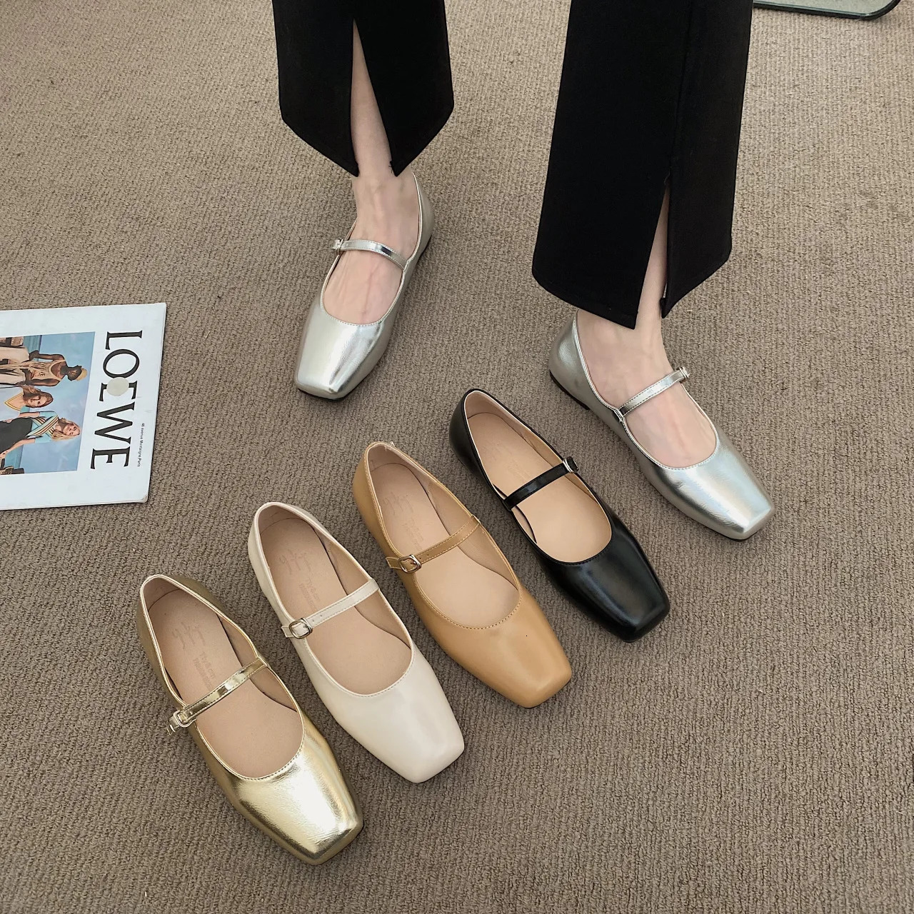 Antumn Square Toe ballet shoes fashionable low boots Mary Jane shoes casual silver shallow button soft soled shoes Zapatos De Mujer 241213