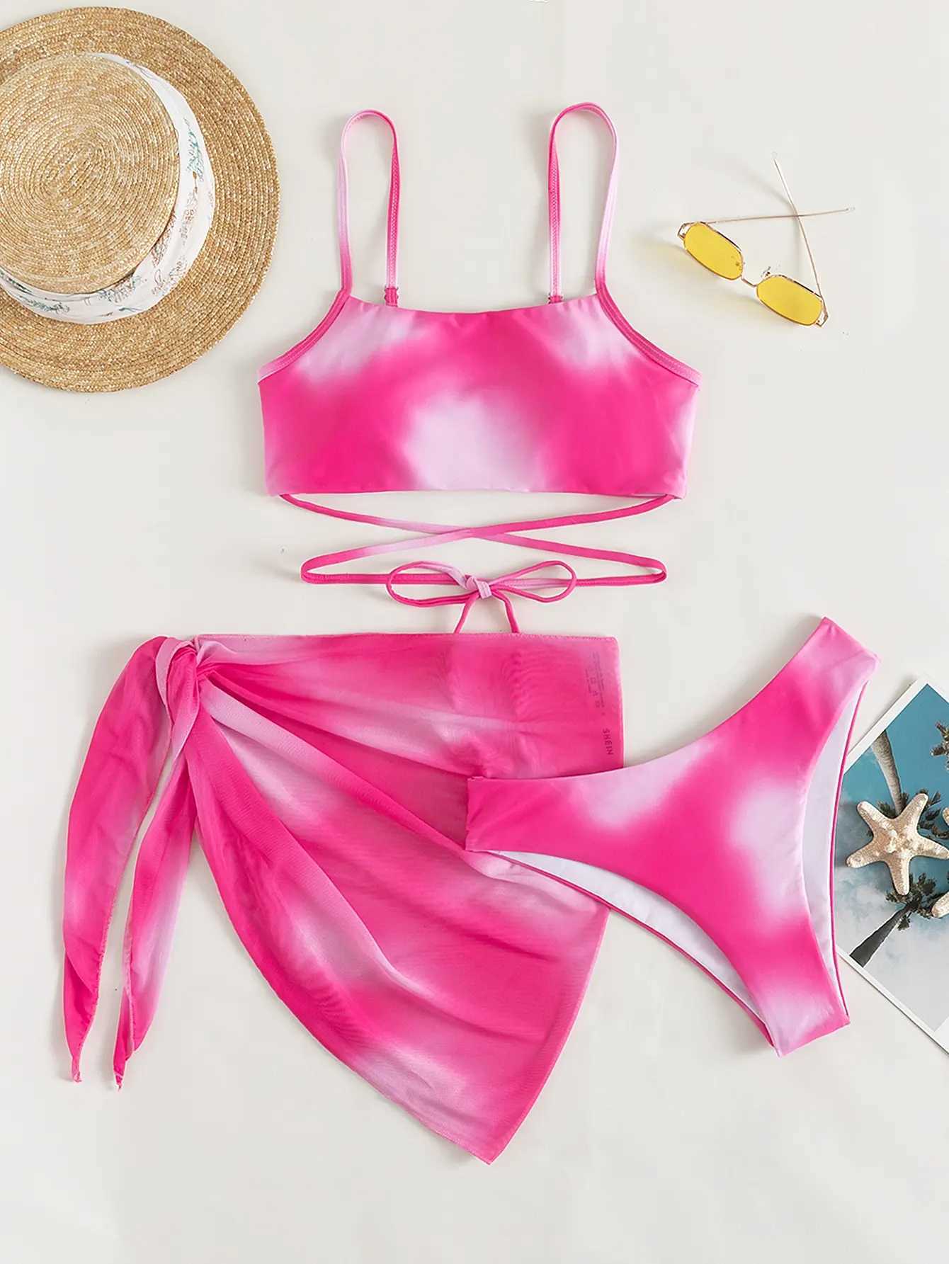 3 Pieces Ombre Lace Up Bikini Swimsuit Beach Skirt Sexy Swimwear Women 2024 Bathing Swimming Swim Suit Fa Summer BeachwearXJ241212