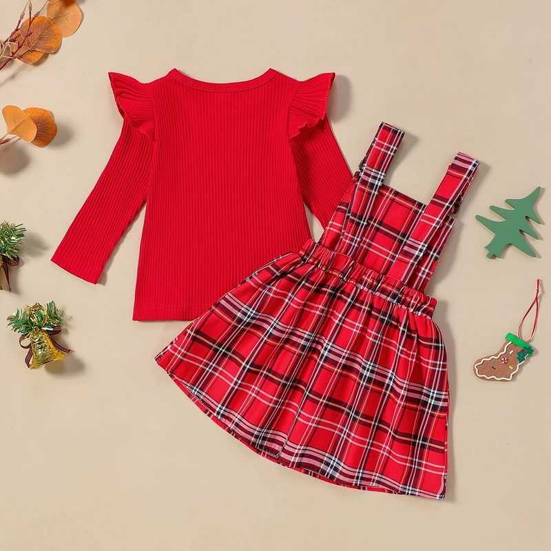 Children and Girls 2-piece Christmas Set Long Sleeve Crew Collar T-shirt Plain A-line Full Set Christmas Costume W241213