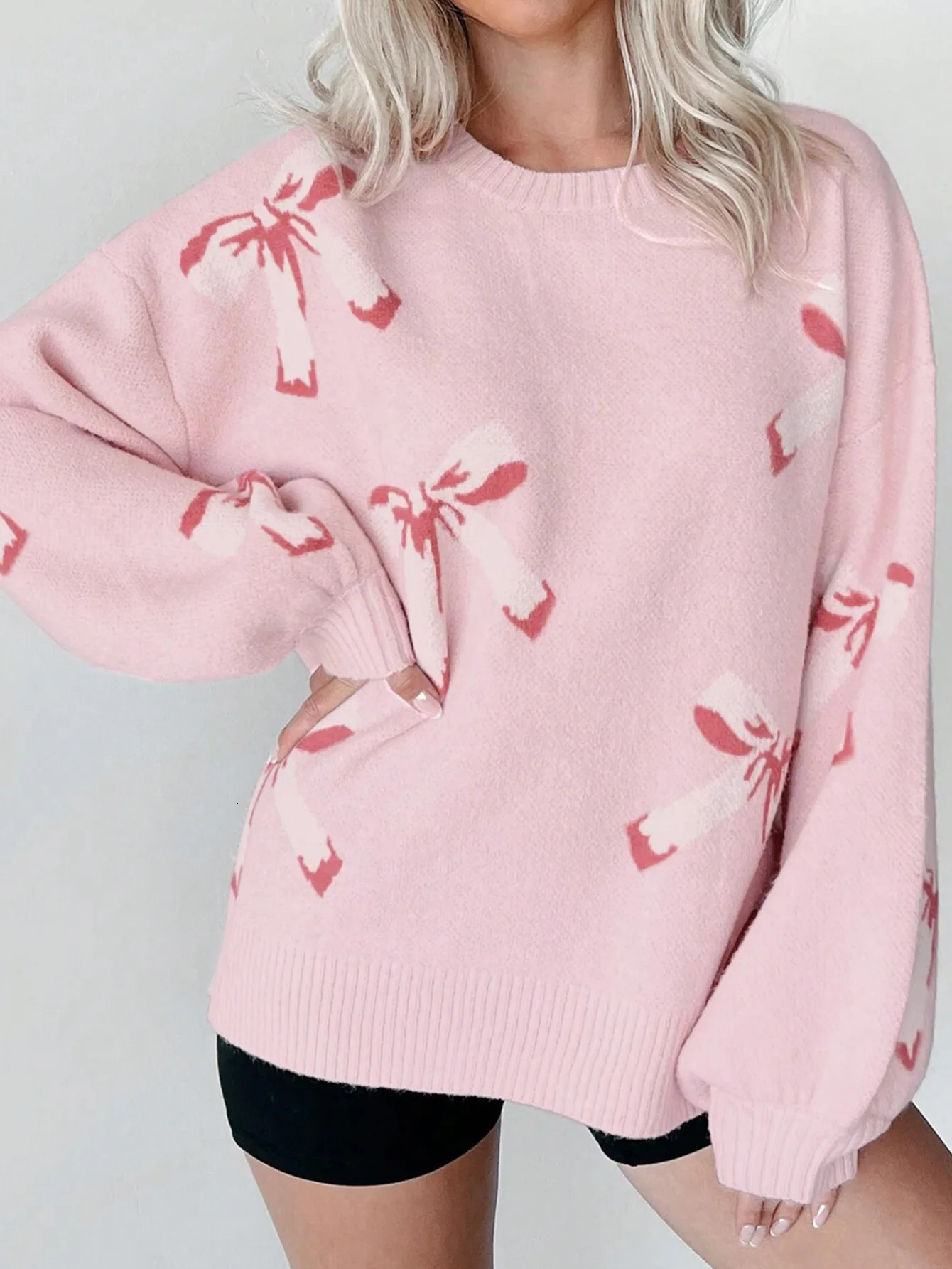 Trendy Womens Sweater 2024 Autumn Winter Oneck Long Sleeve Bow Pattern Loose Lovely Pullover Knitted Woman Top 241203