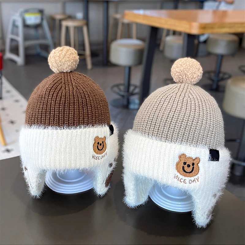Children Plush Earmuffs Cap 1-6year Kids Winter Warm Knitted Hat Korean Baby Bear Beanie Pompom Ball Toddler Ear Protection CapsXJ241213