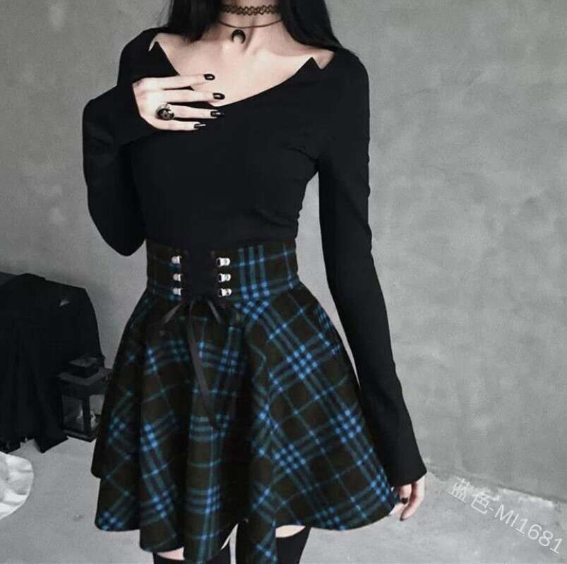 High School Fresh College Style Women's Checkered Irregular With Woven Straps, Waist Cinching And Slimming Effect, Large Skirt Skirt, Fashionable