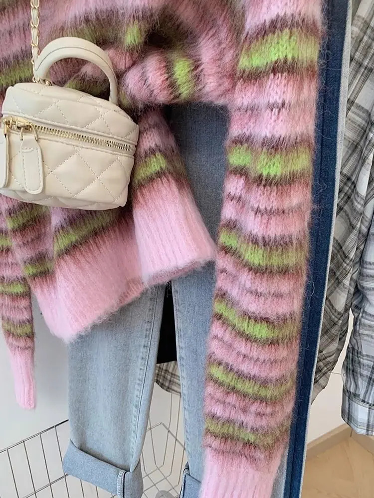 Korej Pull Womens Colored Blocked Striped Artificial Mink Sweater Autumn and Winter Retro Knitted Top Casual Zipper Clothing 241212