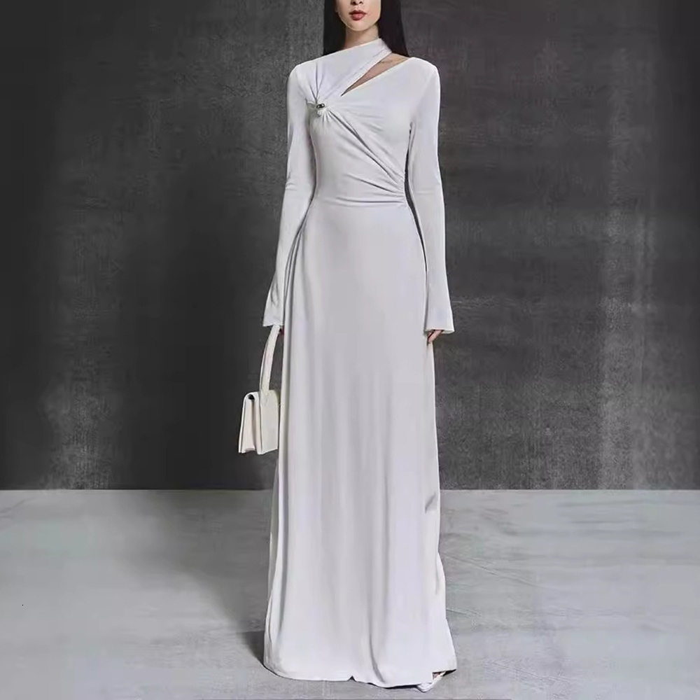 Solid Spliced Folds Elegant Dresses For Women O Neck Long Sleeve High Waist Slimmming Chic Temperament Dress Female