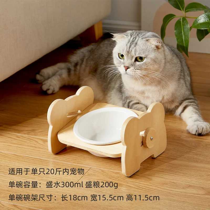 Cat Feeders Bamboo Elevated Puppy Cat Bowls with Stand Adjustable RaisedCat Food Water Bowls Holder Rabbit Feeder for Small Medium Pet z241213