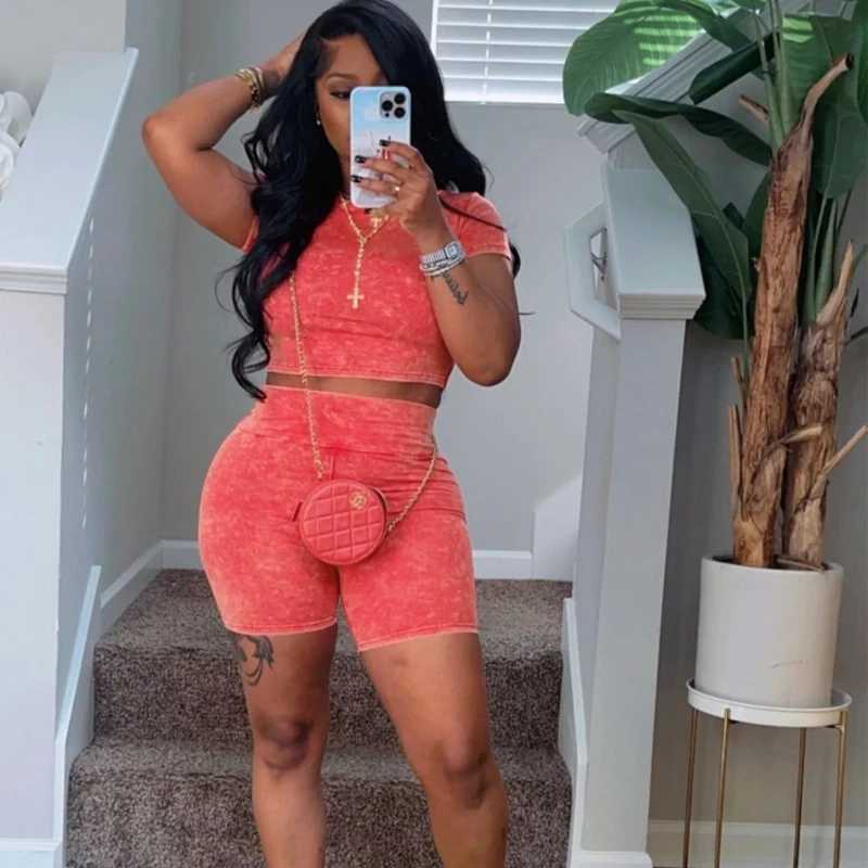 Women's Two Piece Pants Women Summer Washed Printed Casual Two Piece Set Short Slve T-shirts Crop Tops + High Waist Shorts Slim Tracksuits Jogger