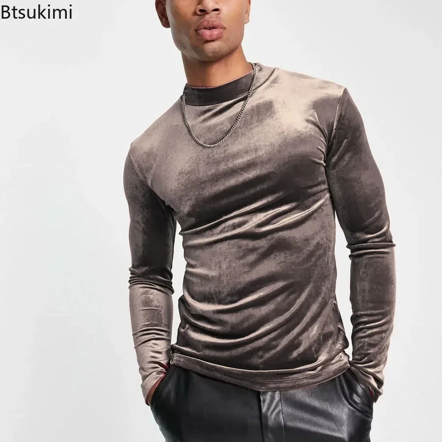 2025 mens casual turtle neck velvet floral top solid long sleeved T-shirt for spring and summer warmth mens basic T-shirt 241210