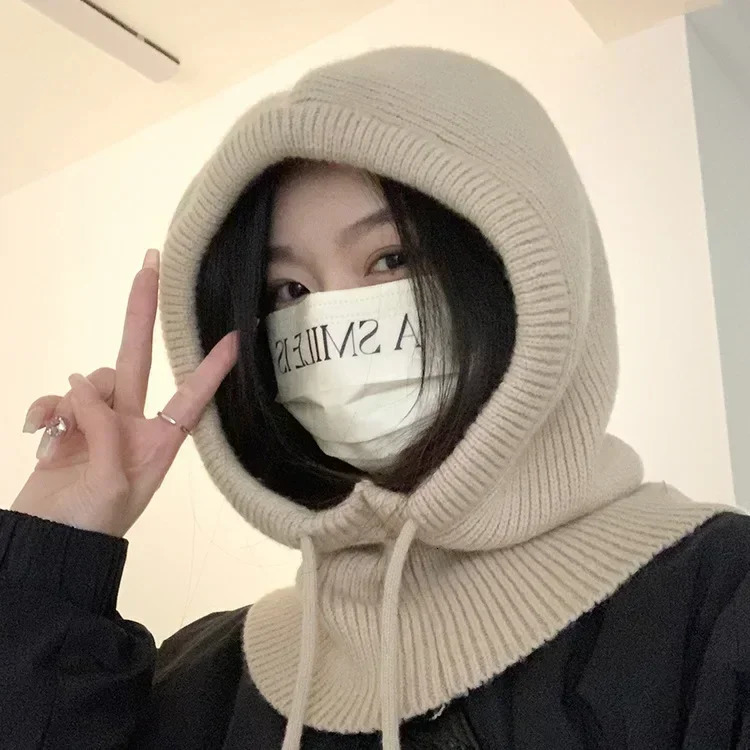 Winter Balaclava hat collar thick knitted wool lapel hat Korean womens cotton ear protection lapel hat accessories 241205
