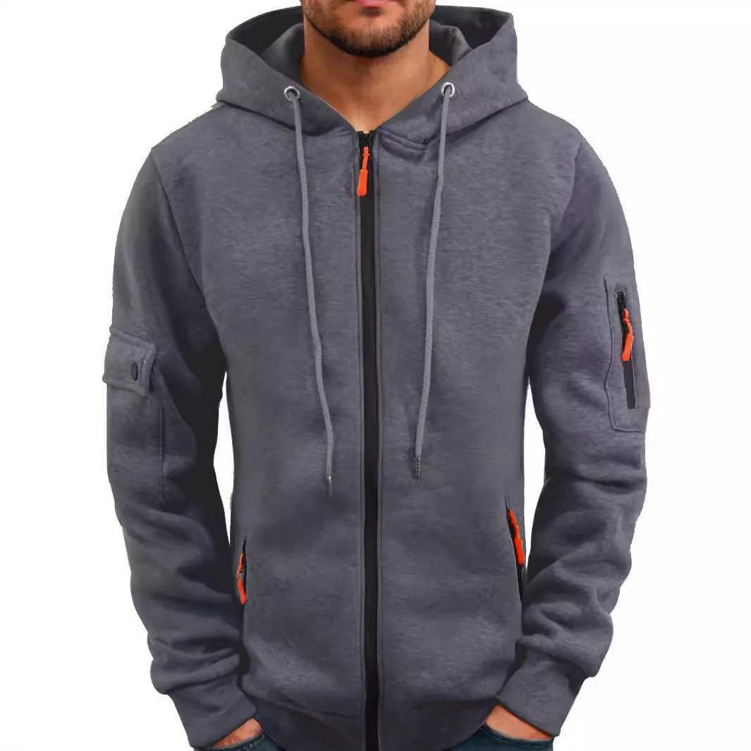 Autumn and Winter Mens New Outdoor Sports Tool Style Casual and Comfortable Open Zipper Solid Color Arm Pocket Hoodie W241213
