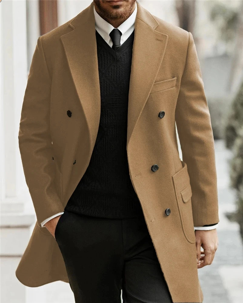 Classic Man Trench Coat Notched Lapel Full Terno Fashion Double Breasted Elegant Gentleman Long Mens Winter Jacket 241213