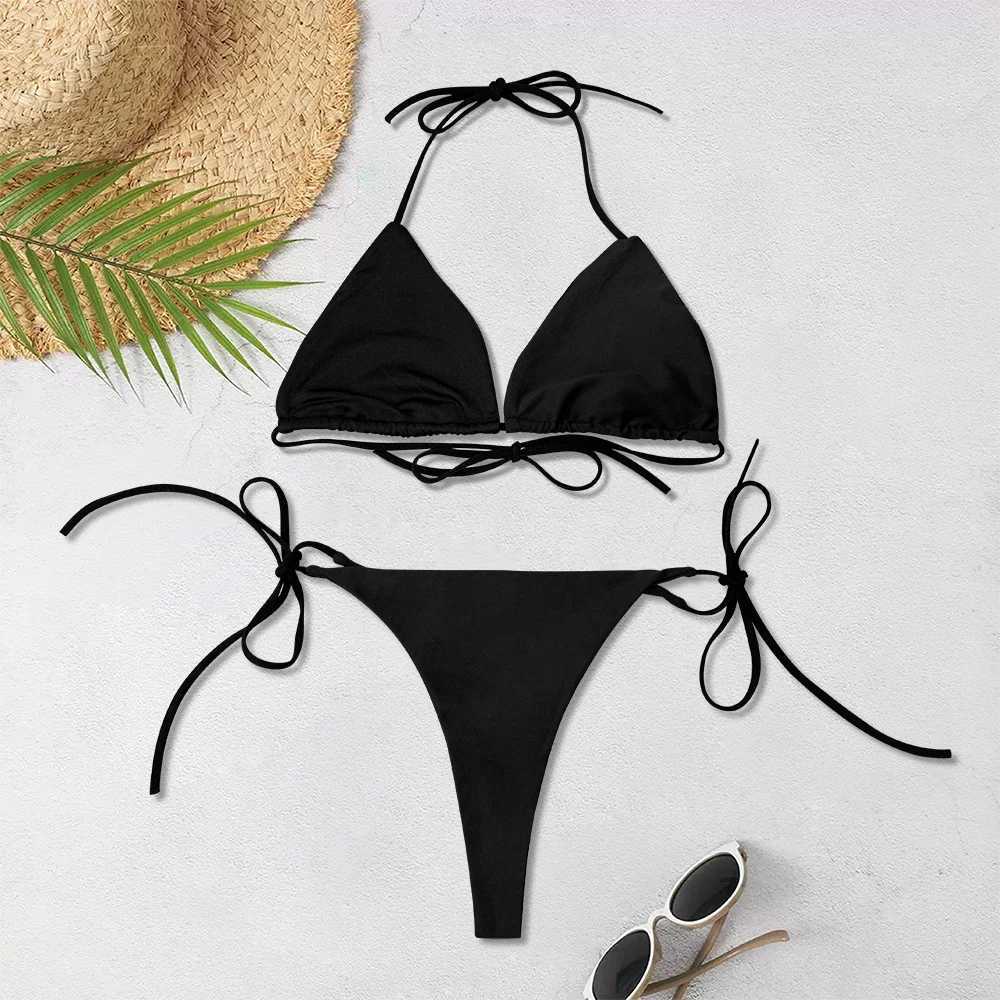 2024 New Womens Solid-color Separate Beach Wear Sexy Halter Three-point Bikini ss Adjustab Lace-up SwimsuitXJ241212