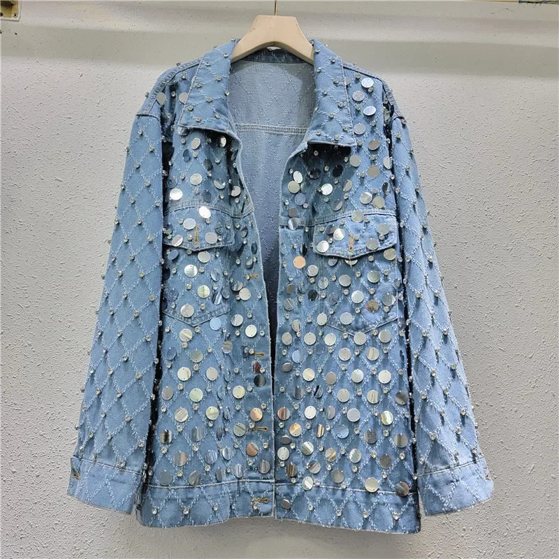 womens diamond bead denim jacket Rhinestone sequin jeans bomber jacket crystal denim cardigan single chest top 241209