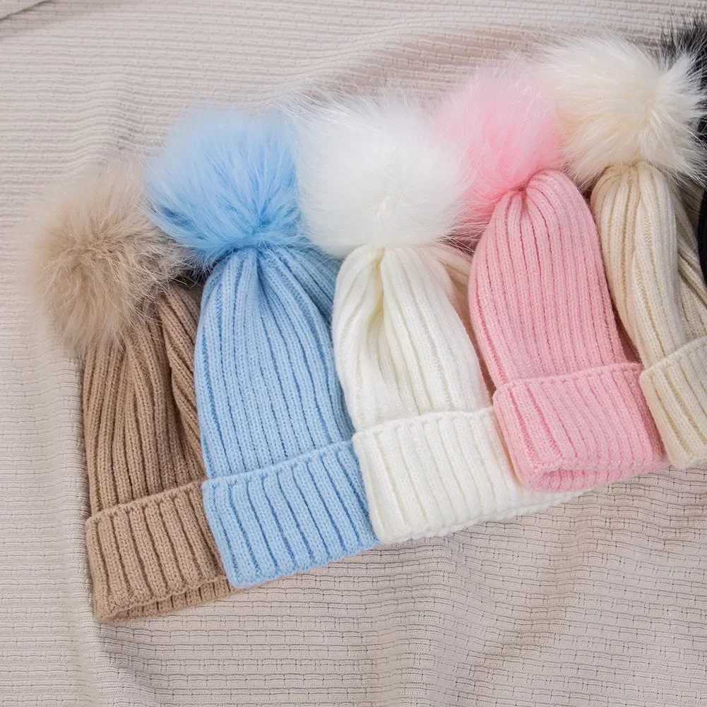 0-14Y Baby Bobble Hat Children Knitted Ski Beanie Girl Boy Winter Warm Hat Artificial Pompom Bonnet Kids Skullcap Newborn HatXJ241213
