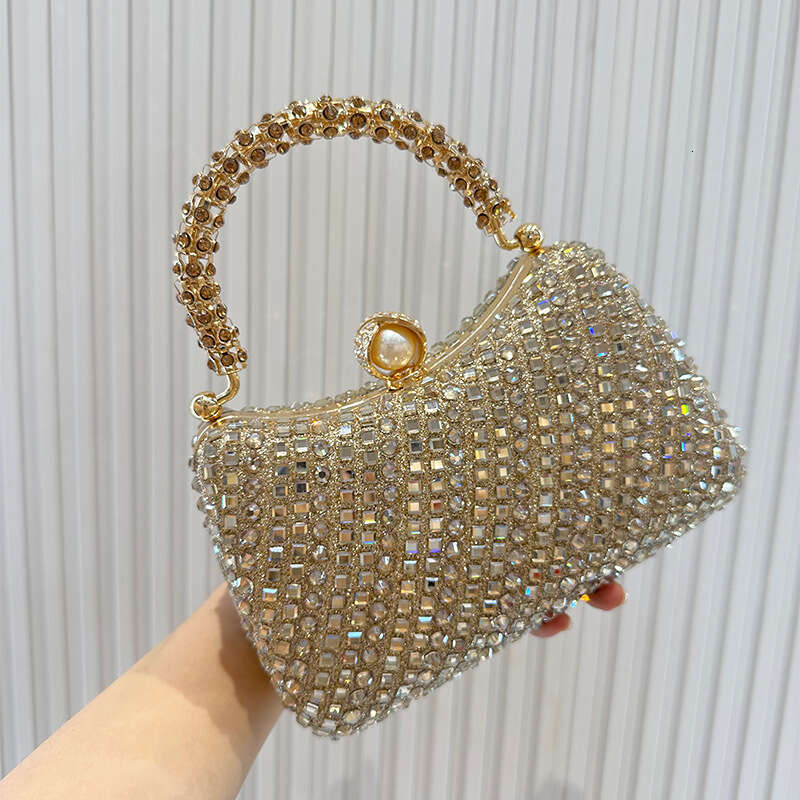Hot pressed evening bag, luxurious diamond chain handbag, sparkling pearl crossbody small square bag