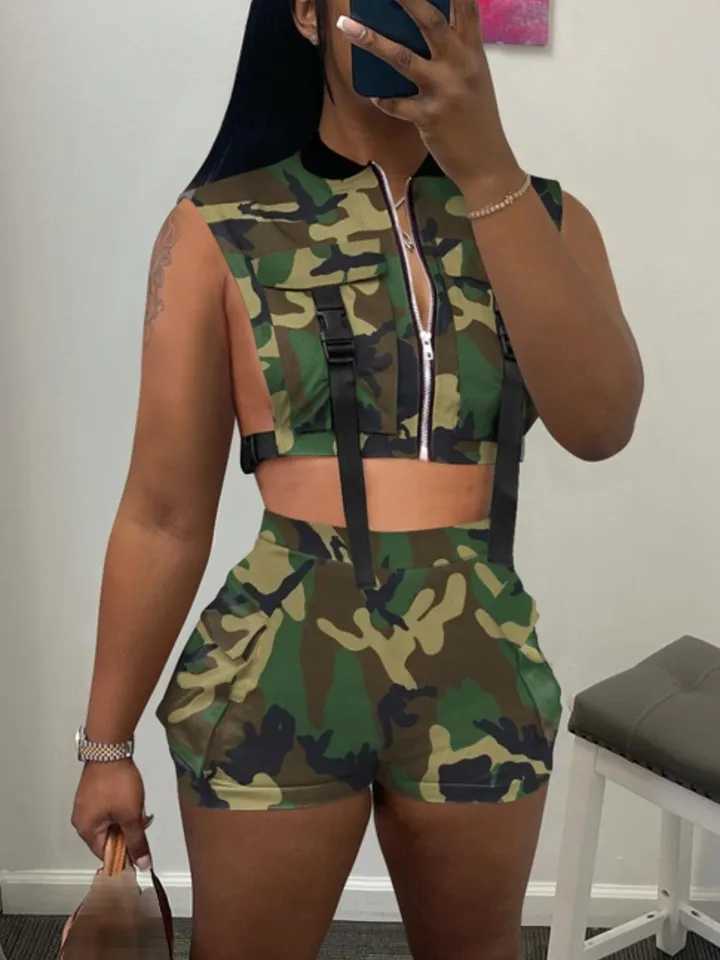 Women's Two Piece Pants LW Camo Print Buckle Design Side Pocket Y2k Shorts Set Zipper Up Slveless Crew Neck Top Matching Casual Bottoms Stylish 2