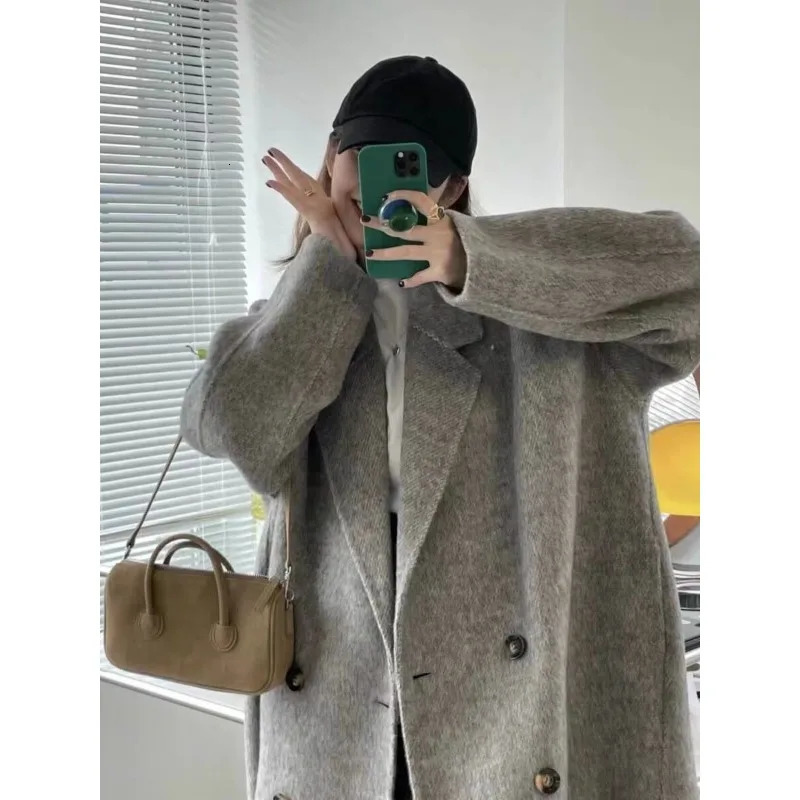 100% Wool Doublesided Woolen Coat for Women Pure Handmade Cashmere Loose Medium Long Plus Size Wom en 241213