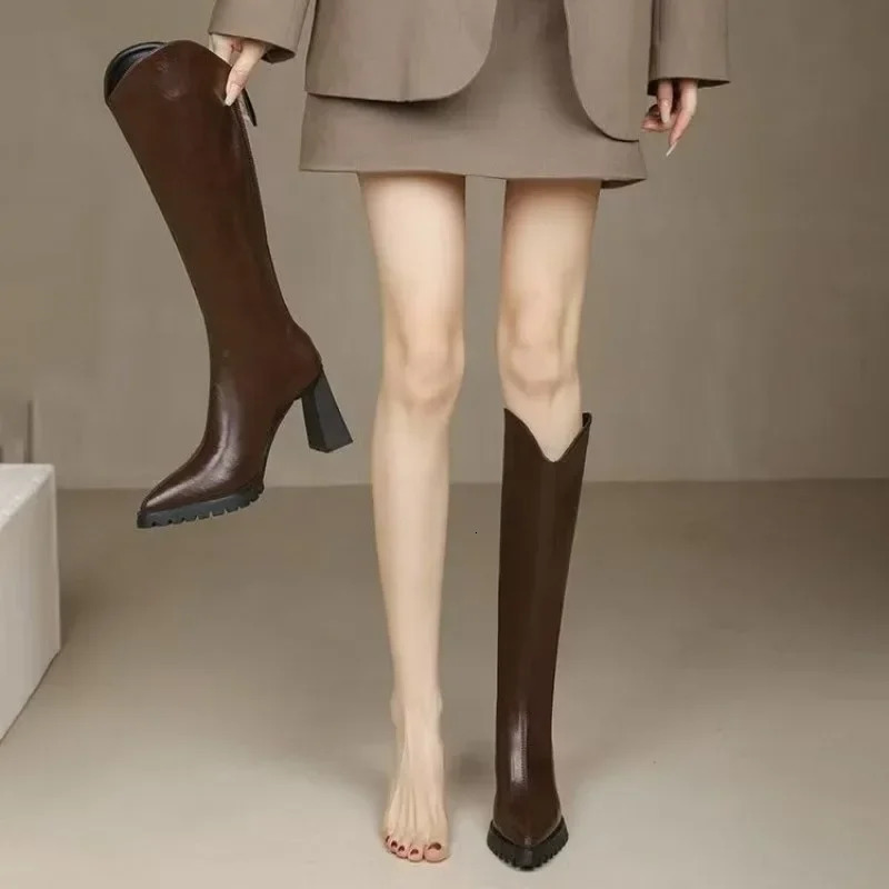 Pointed Toe High Heels Womens Knee High Heels Leather Shoes 2025 Winter Sexy Gladiator Short Fat Chelsea Boots Pump MUJI Botas 241213