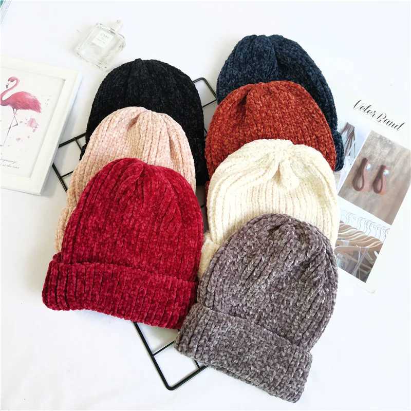 Chunky striped Beanies Hats Winter Women girl Thick Warm Soft Corduroy Knitted Hat Skullies Cap Curled Skullcap Ski SportXJ241213