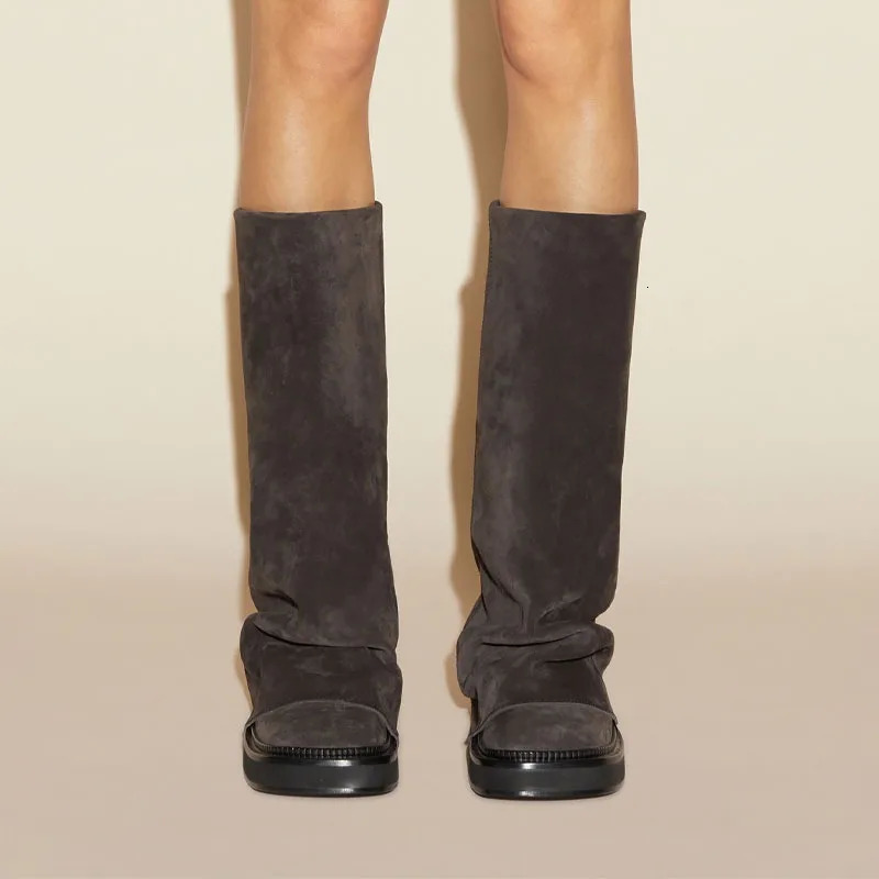 Fashion Autumn And Winter Round hot Head Long Leather shoes Metal Knight Fold Flat Boots Punk Style 241212