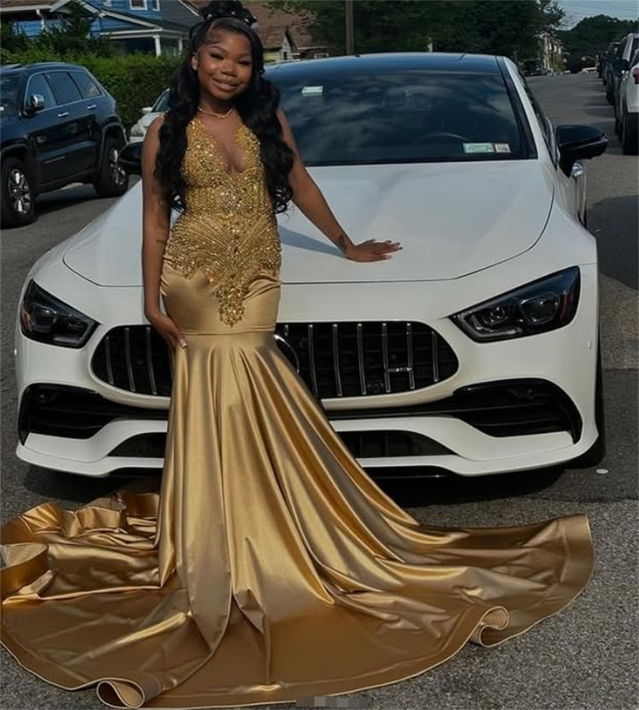 Luxury Gold Rhinestone Evening Dress Sleeveless Mermaid Black Girl Prom Dresses Plus Size Satin Birthday Party Gown Elegant Special Occasion Dress 202