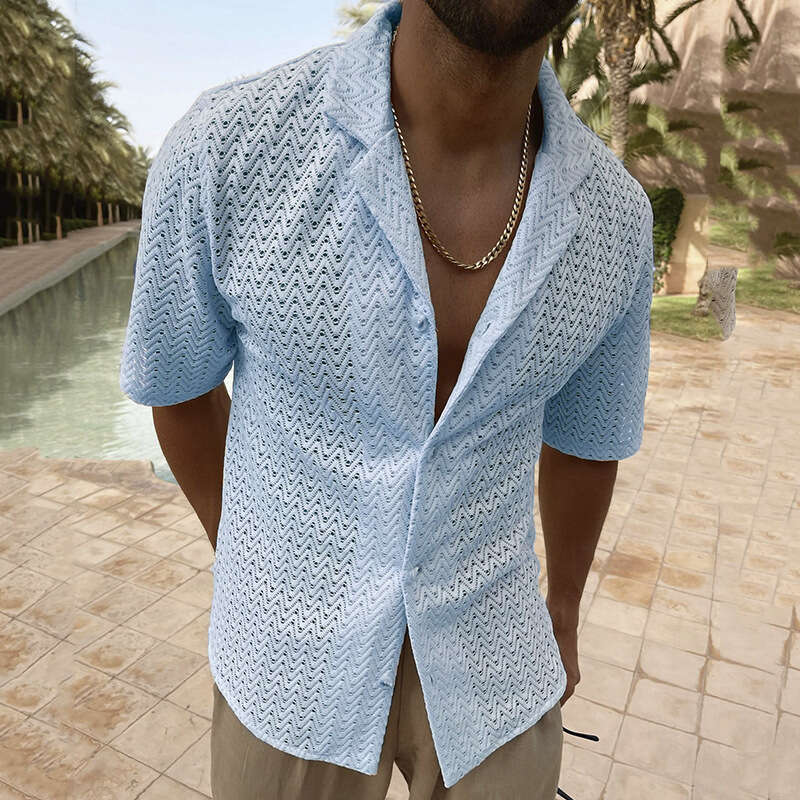 European And American New Casual Fashion Solid Color Lapel Button Lace Short Sleeved Hollow Shirt Top Fashionable Quality Classic