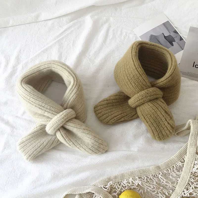 Scarves Wraps Candy Color Children Scarf Korean Woolen Knitted Cross Neckerchief Winter Baby Girl Boys Warm Scarves H241213
