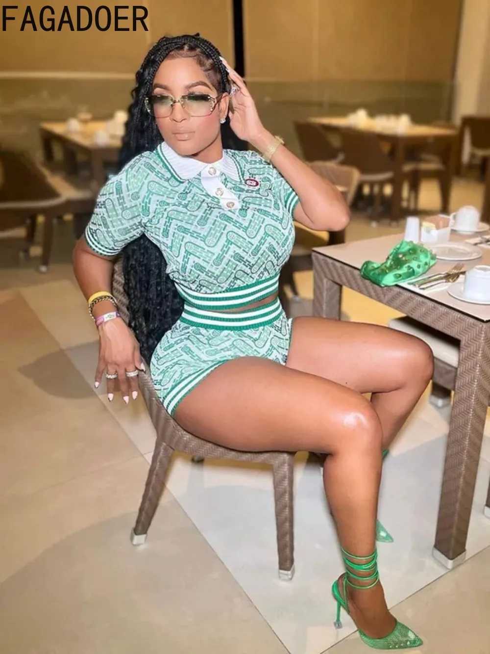 Women's Two Piece Pants FAGADOER Rib Fashion Print Two Piece Set Women Outfits Swthot Y2k Crop Top and Shorts Casual Strtwear Summer Matching Set