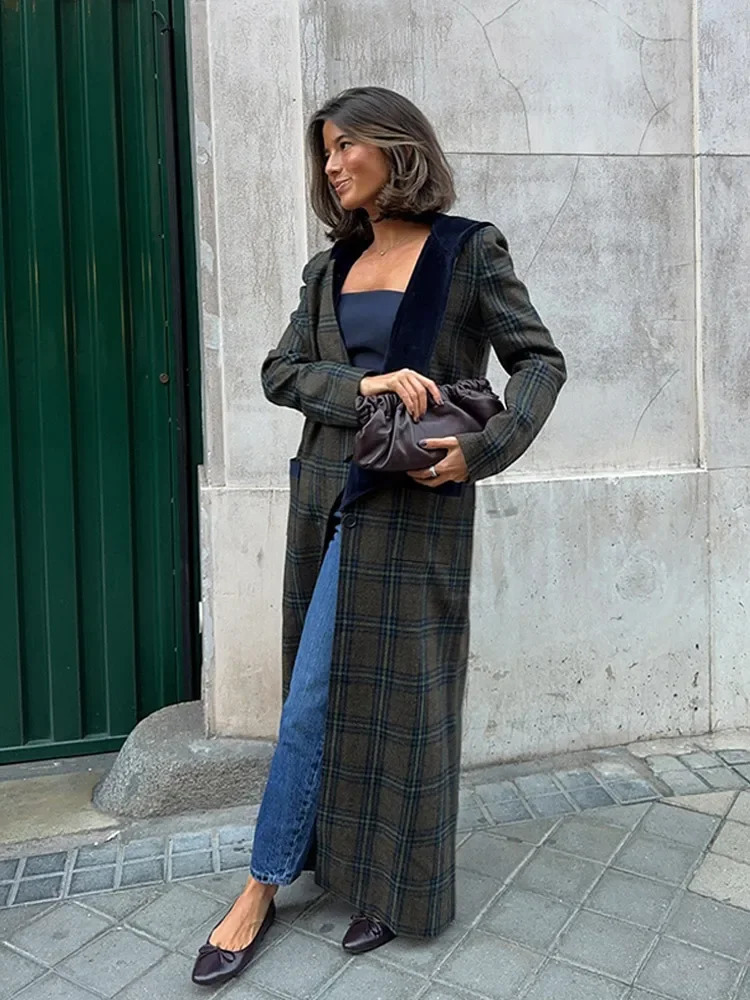 Women Plaid Printing Velvet Lapel Wool Blends Overcoat Fashion Button Double Pocket Long Coats Lady Warm Street Outwear 241213