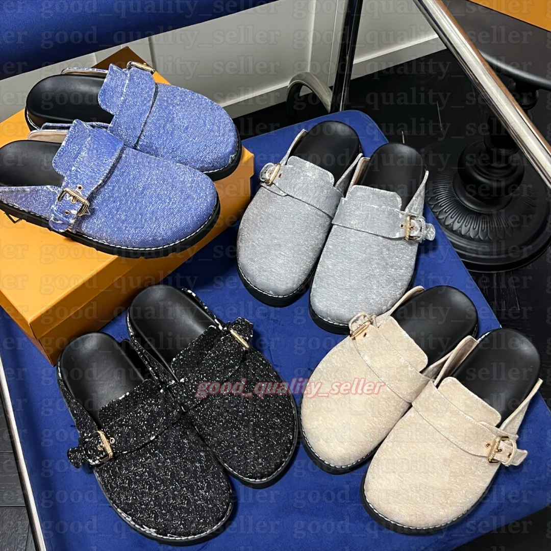 Comfortable clog sandals scuffers Designer Summer Women Male Flat leather mule platform slipper Winter Fashion Denim Printing Leather slide Flip Flops sizes 35-45
