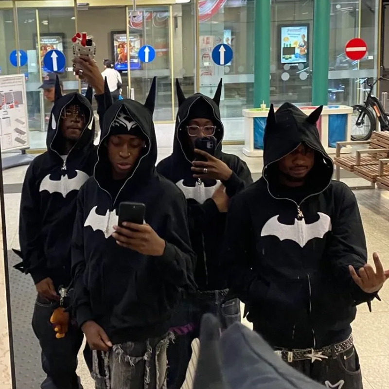 Y2k Zip Up Gothic Embroidery Bat Anime Hoodie Hip Hop Men Women Oversized Sweatshirt Haruku Rock Fashion Streetwear Top