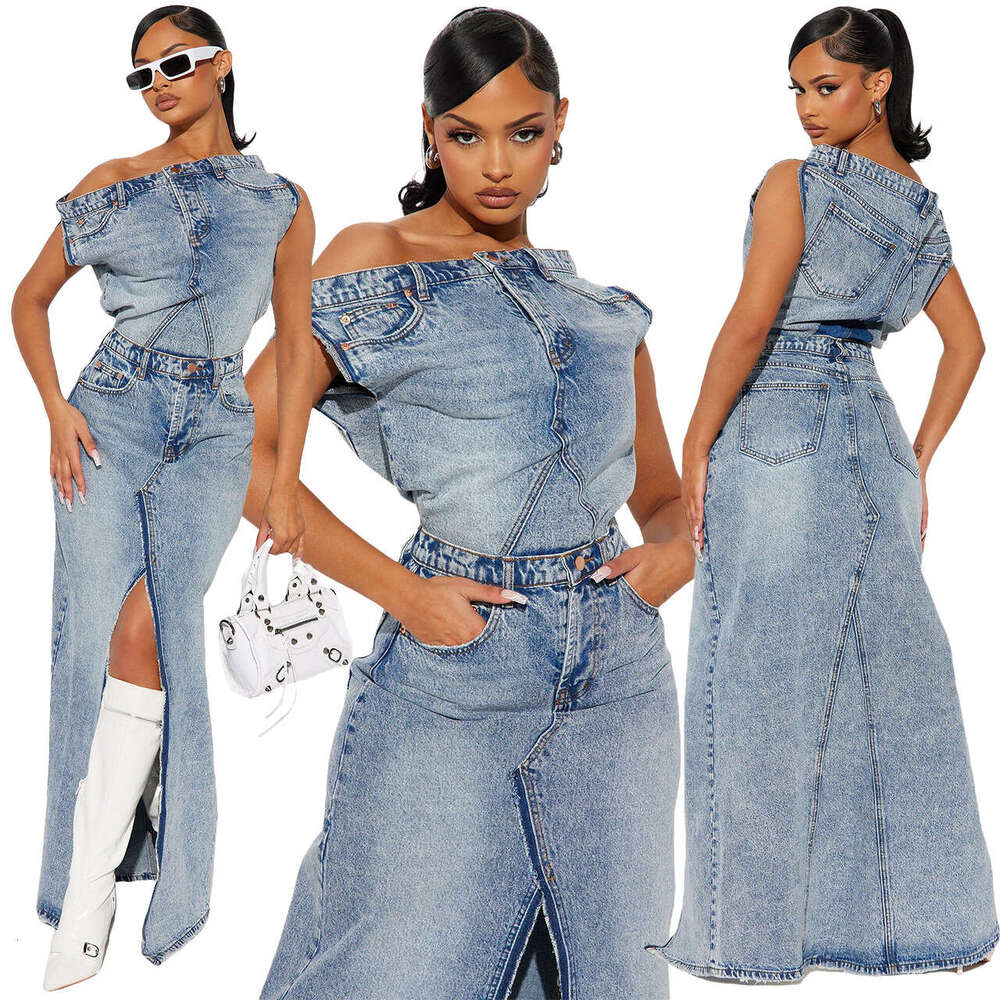 European American New Women's Casual Solid Color Autumn And Winter Retro Split Denim Skirt Two-Piece Set