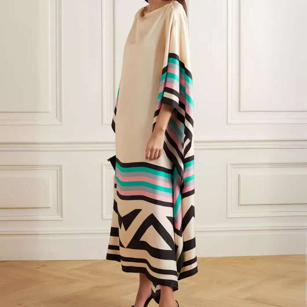 European American New Summer Autumn Women's Comfortable And Fashionable Solid Color Printed Casual Slanted Shoulder Long Dress