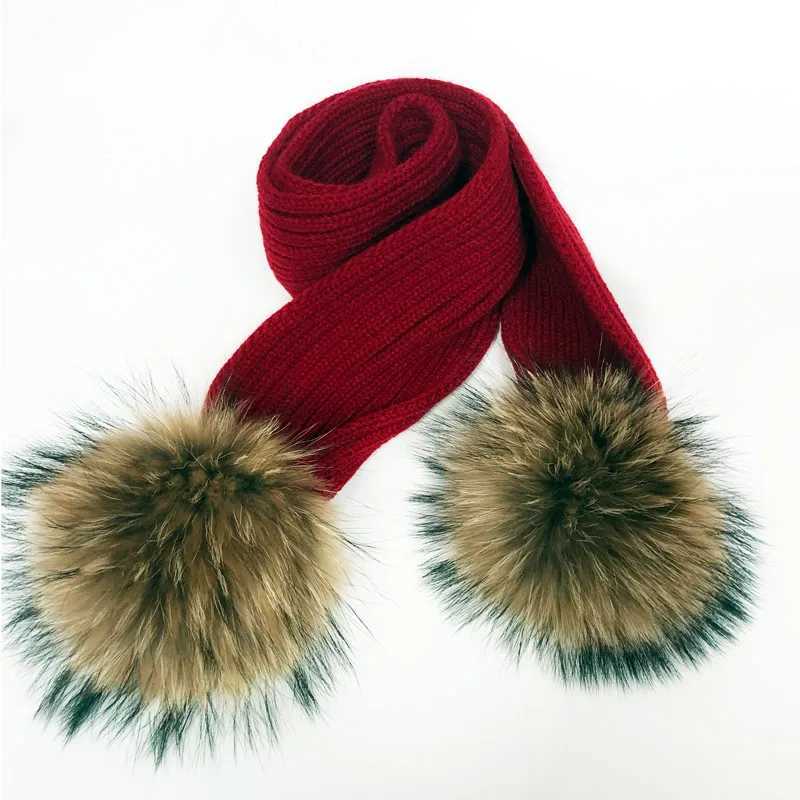 2021 Real Raccoon Fur Pompon Winter Hat Skullies Girl Pom Beanie Warm Knitted Bobble Fur Pompom Hat and Scarf Set ChildrenXJ241213
